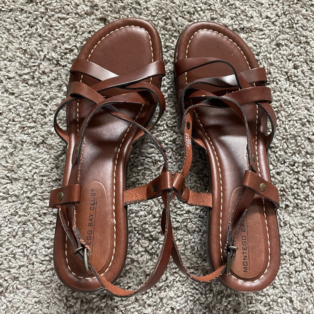 New Women's Brown Leather Strappy Block Heel Sandals